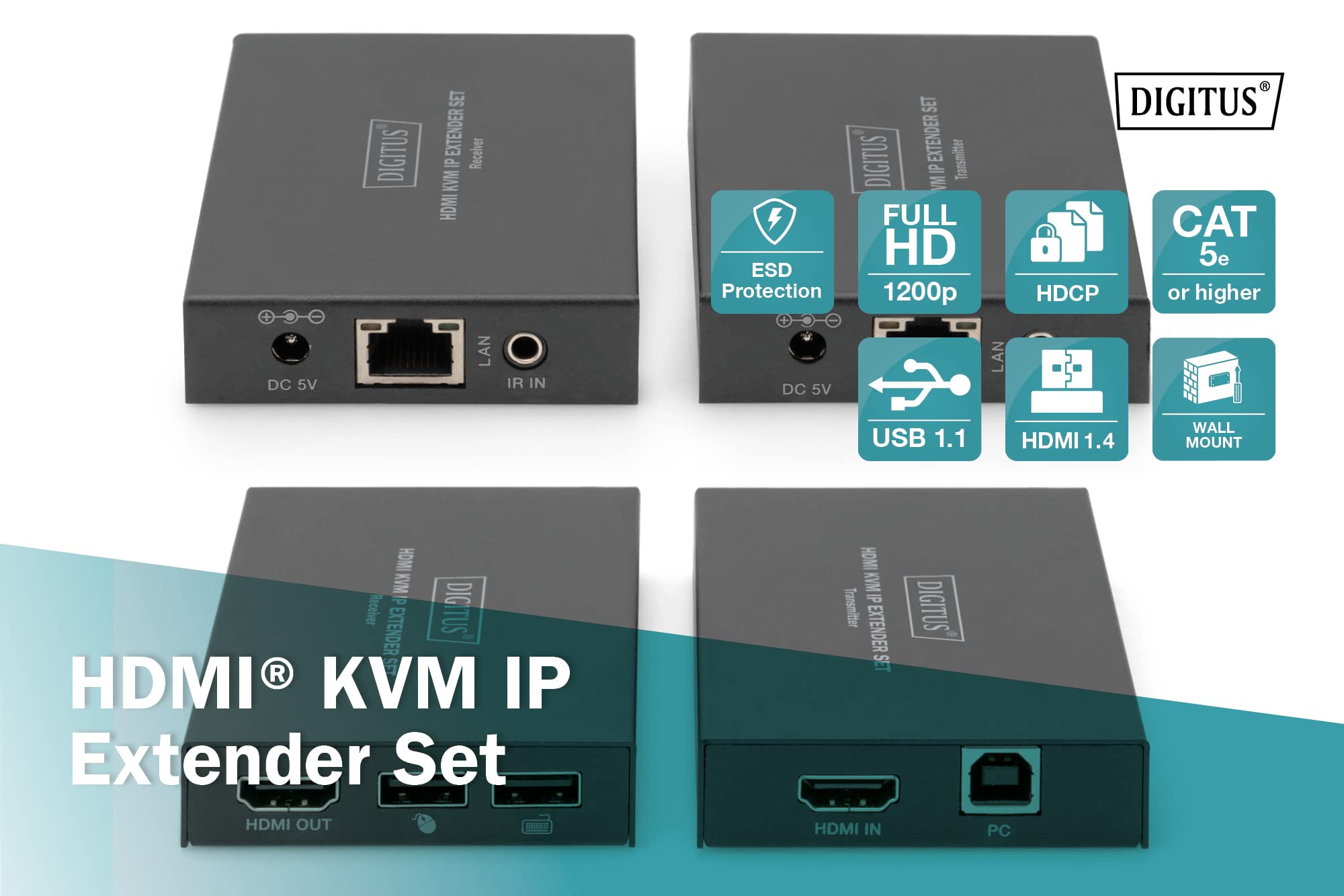 DIGITUS HDMI KVM IP Extender Set | bis 150 m Reichweite – USB 1.1, HDMI 1.4, HDCP 1.4 – Anschluss von Maus und Tastatur – Patchkabel ab CAT 5e