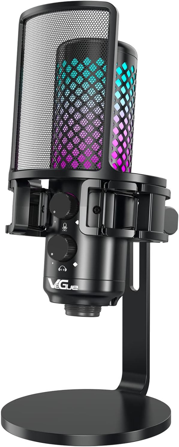 VeGue USB Gaming Microphone for PS5, All Metal PC Computer Condenser Mic with RGB Light, Mute Button, Pop Filter, Shock Mount, Gain Control for YouTube Recording Streaming Twitch Podcasts Videos