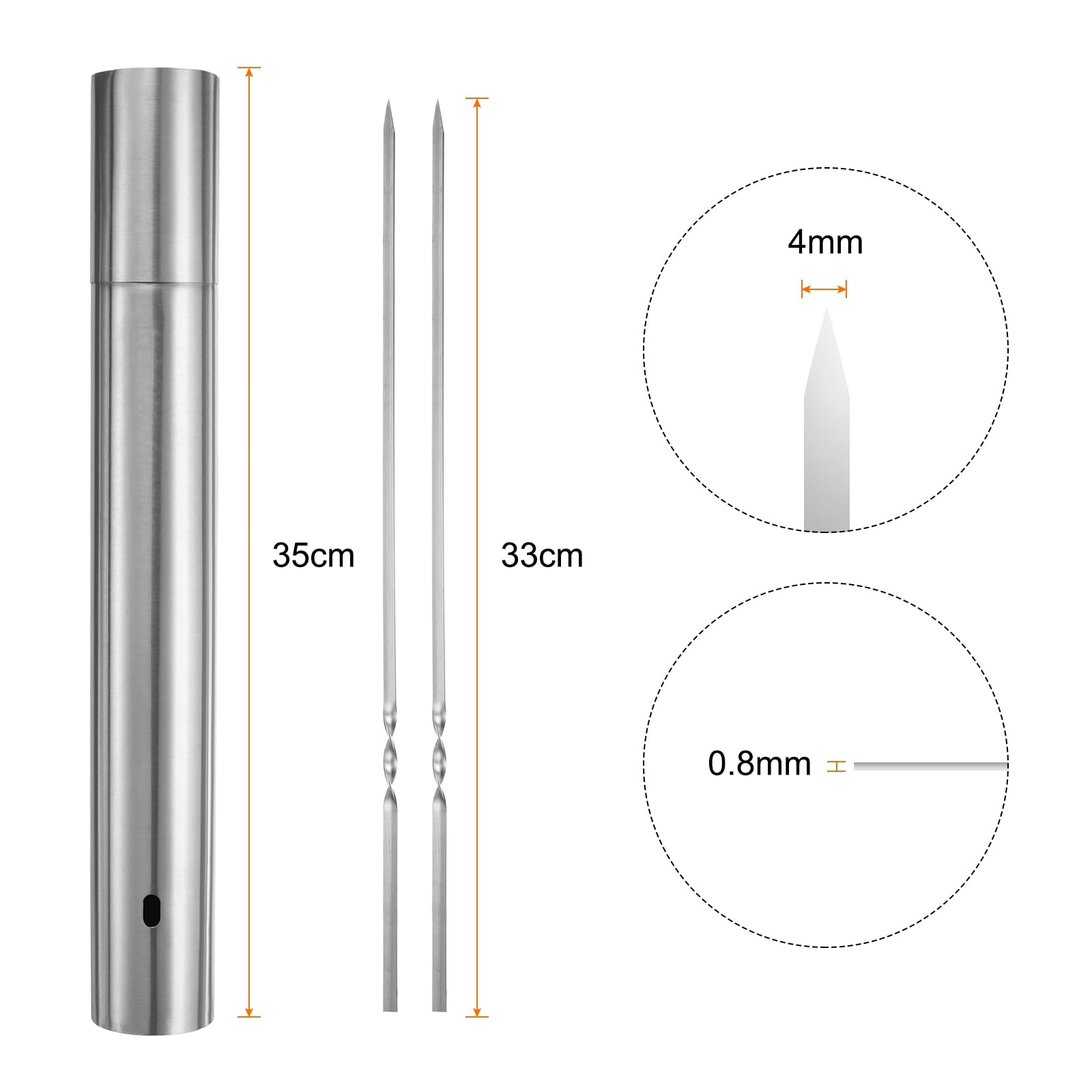 QUARKZMAN 100Pz Spiedini Acciaio 35cm x 5cm Spiedo per Barbecue Kebob Metallo Piatti Acciaio Inox Riutilizzabili Bastone Griglia Arrosticini Aperto Tubo Stoccaggio per Carne Frutta Verdura