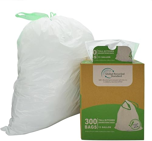 Miniatura 9 de TYPLASTICS 300 bolsas de basura con cordón de cocina de 13 galones de alto, cumplen con GRS, material reciclado ecológico