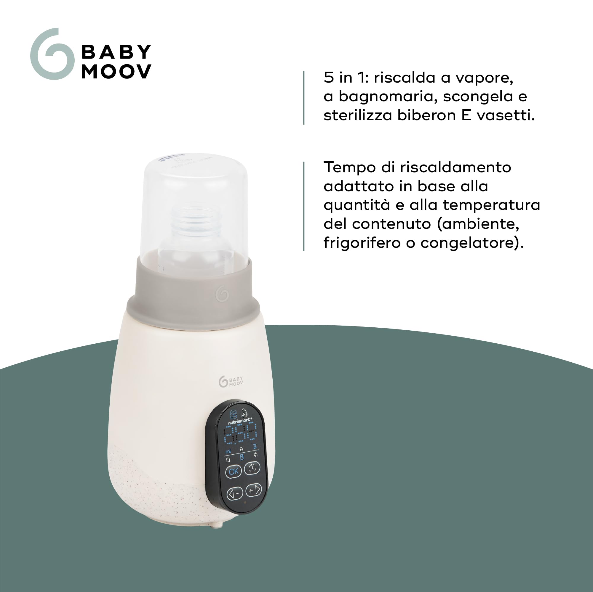 Babymoov Scaldabiberon e sterilizzatore NutriSmart(+) - Portatile - Casa e auto - Adattatore, cestello e coperchio inclusi - Riscaldamento programmabile - Funzione di mantenimento del calore per 1 ora