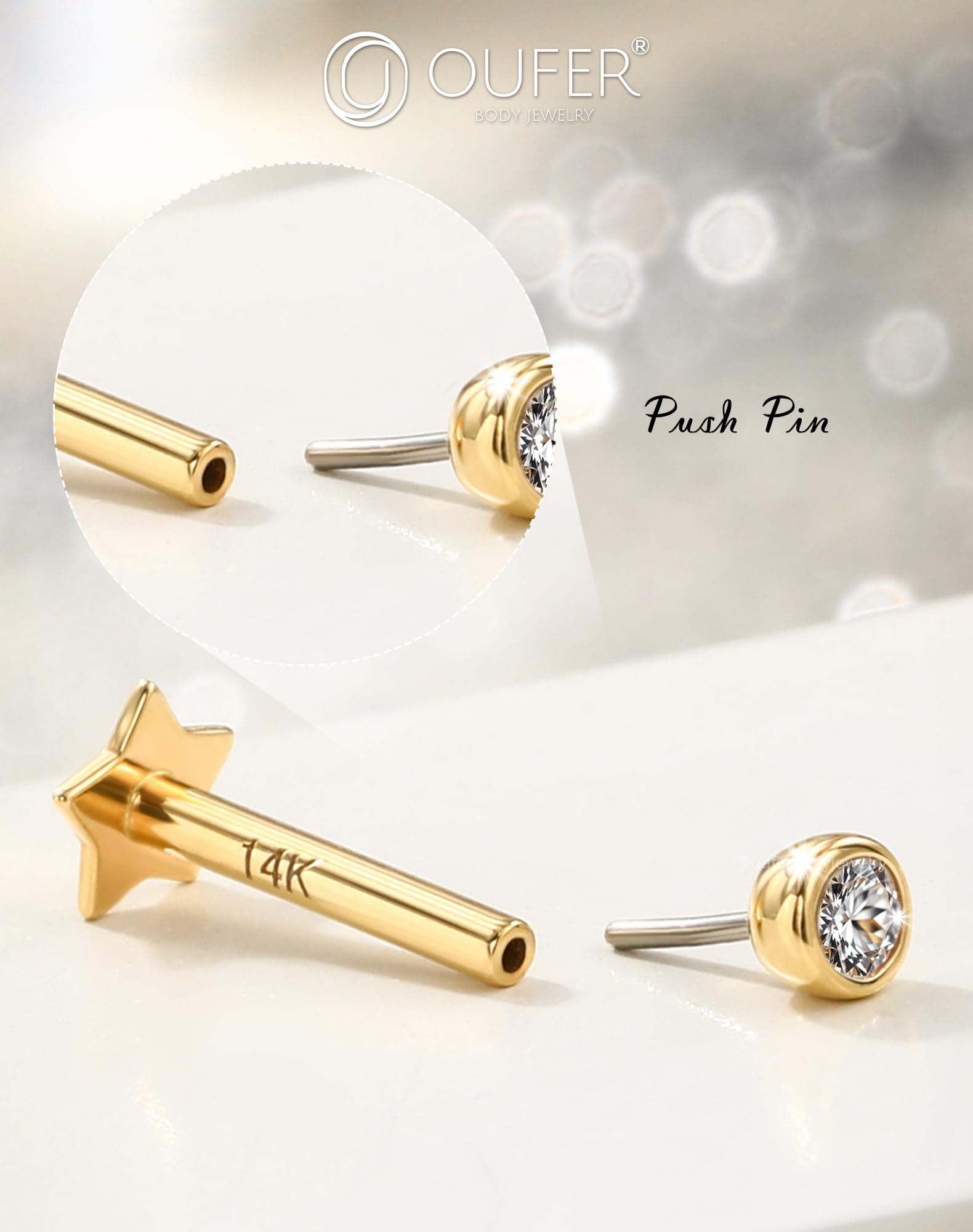 OUFER Body Piercing Push In Lip Piercing Stud Bar Threadless Helix Earrings Piercings 16G Labret Piercing Jewellery Tragus Conch Bar Cartilage Earrings
