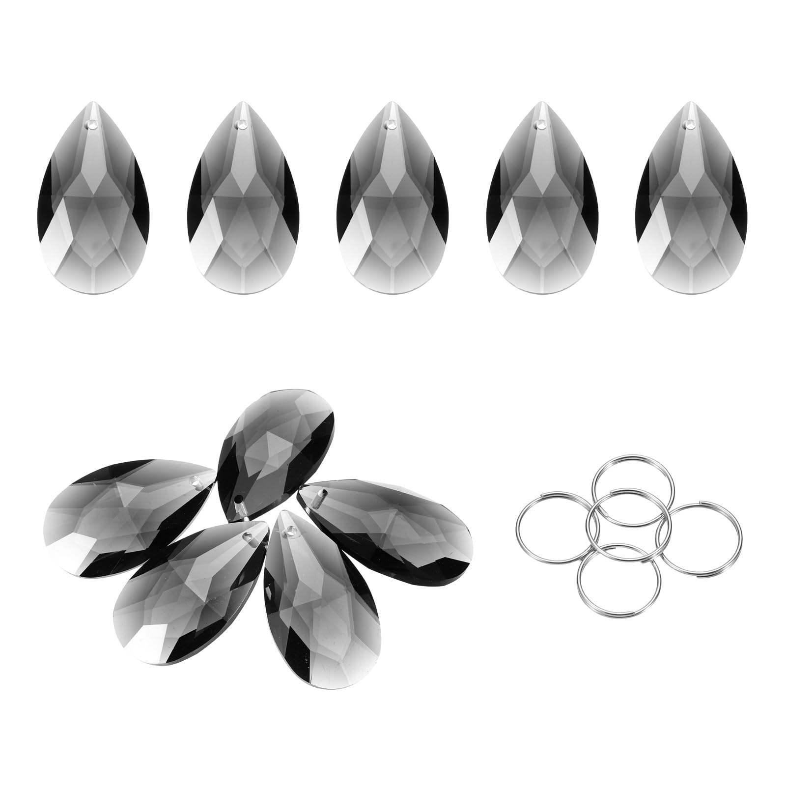 sourcing map 5Pcs Teardrop Crystal Beads, 38mm K9 Glass Hanging Chandelier Bead Prisms Part with 304 Stainless Steel Ring for Crystal Chandelier Lamp Pendant Jewelry, Clear Black
