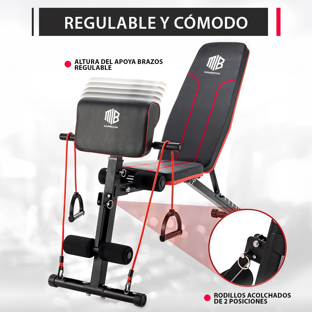 ManiBoom Banco Musculación PLEGABLE Multifuncional con 7 Posiciones Ajustable CARGA 250kg - Banco de Pesas con 2 Bandas de Entrenamiento y Cojín para Bíceps - Banca para Gym en Casa