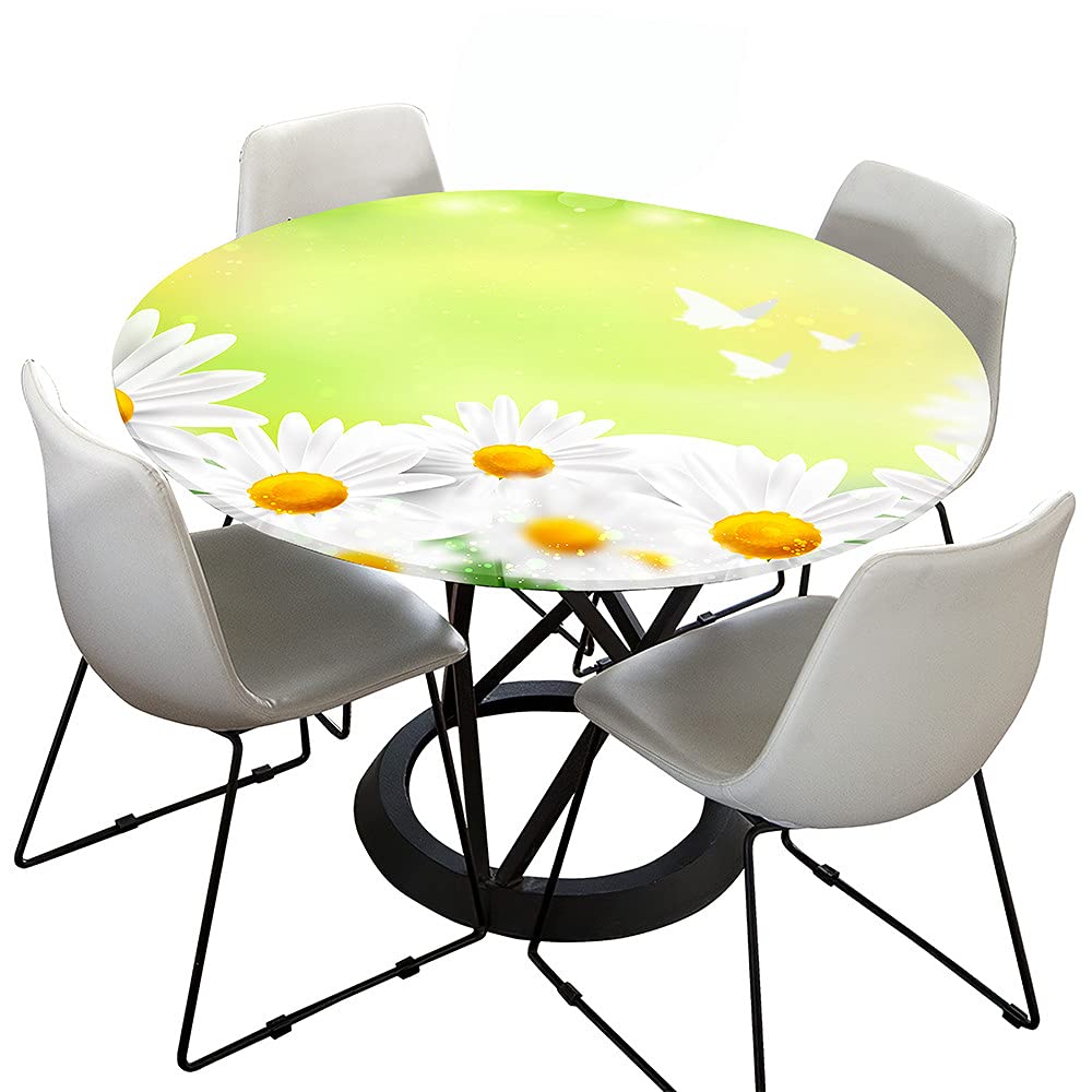 Chickwin Round Fitted Tablecloth Waterproof Dust-Proof Wipe Clean Daisy Printed Table Cover Elastic Edged, Table Protector for Kitchen Patio Dining Room (bright green,120cm)