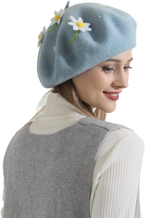 Handmade Wool Beret Hat French Style Needle Felt Flower Beanies Women Winter Autumn Cap - Image 9