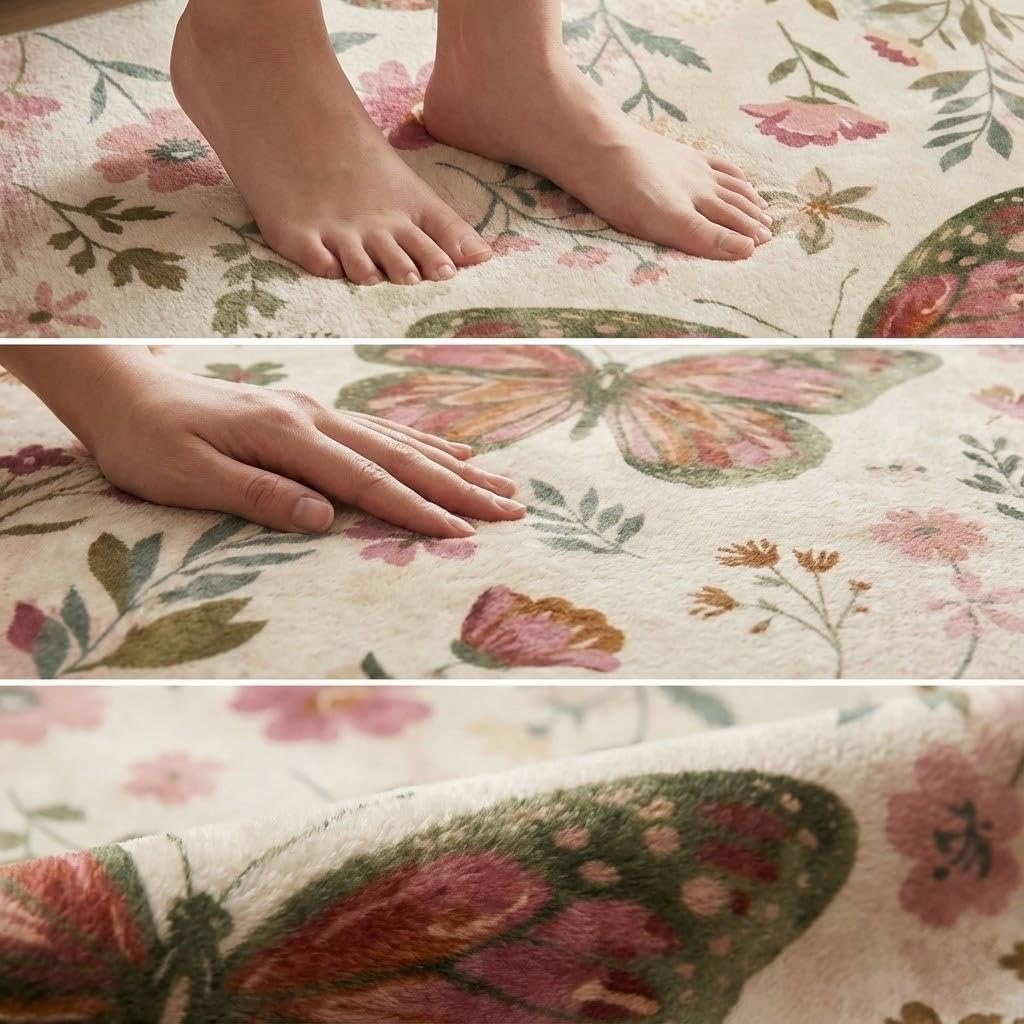 5X7 Area Rugs for Living Room, Machine Washable Non Slip Butterfly Floral Spring Rugs, Low Pile Lightweight Pink Rug for Kids Room,Bedroom, Dining Room