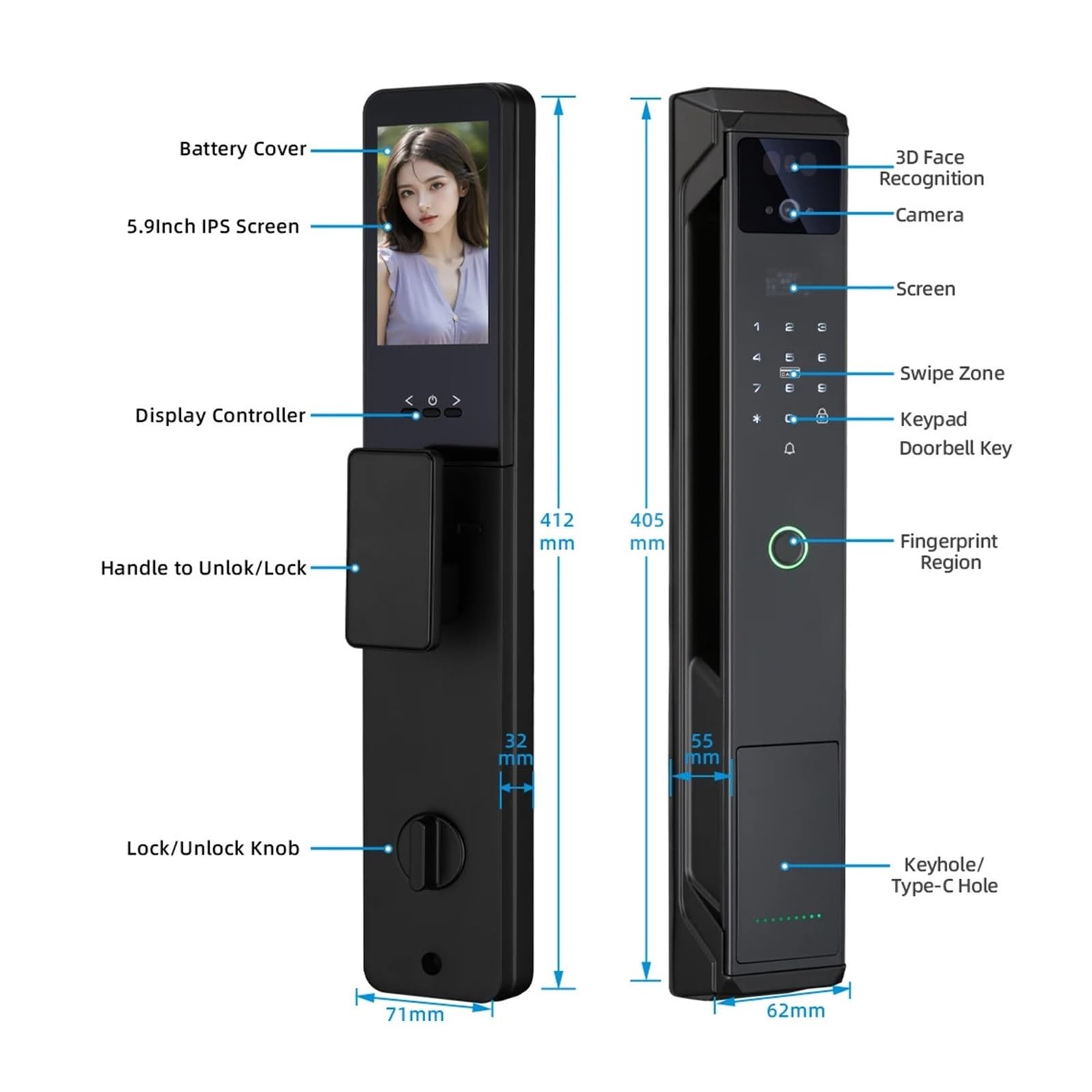 Serratura intelligente per porta, Smart Lock Videocitofono remoto Sblocco facciale multilingue for la sicurezza domestica(Noir,30 * 240)
