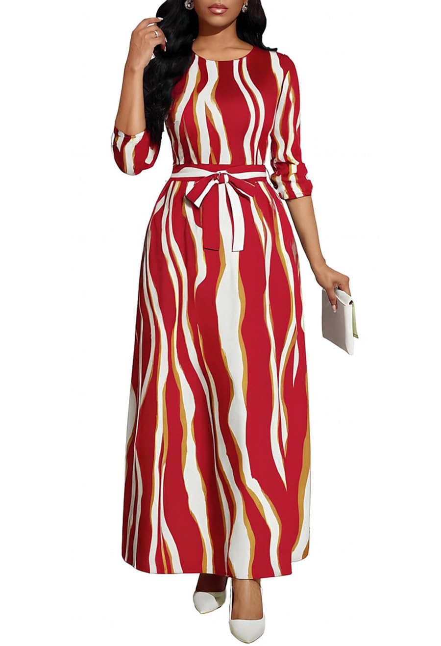 BubFee Long Dress for Women Casual Long Sleeve Dresses Maxi Dress Empire Waist Loose with Belt