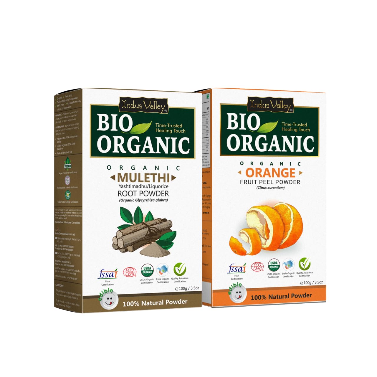 INDUS VALLEY 100% Natural Mulethi Powder For Face and Hair Care | Yashimadhu | Liquorice | Glycyrrhiza glabra and Orange Peel Powder | Citrus aurantium - (100g *2=200g)