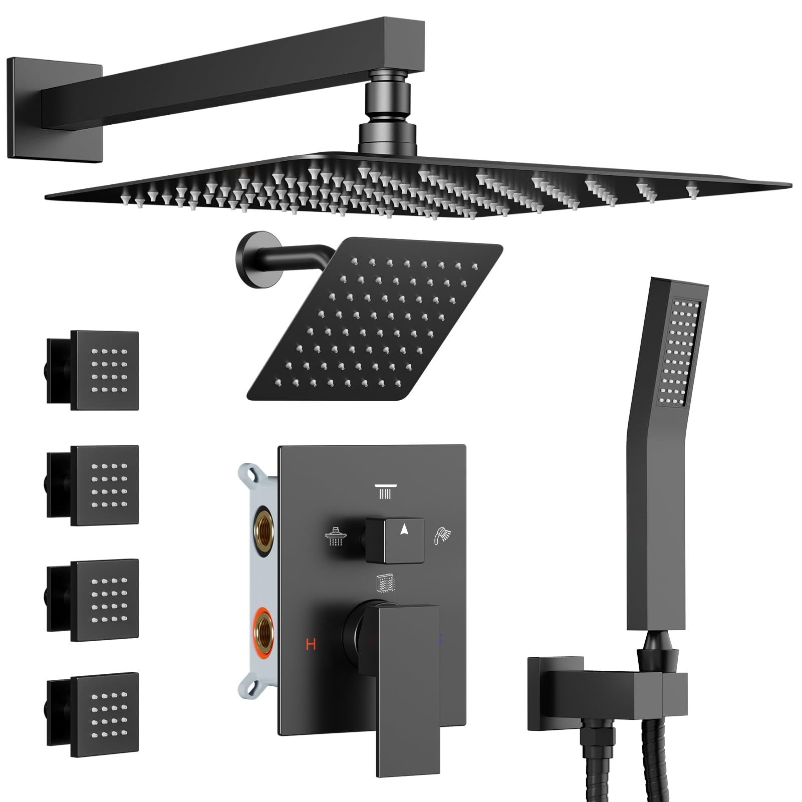 Shower Systems with 4 Body Spray Jets, STARBATH 4 Way 12+6" Rainfall Shower Head with Handheld Combo, Wall Mounted Shower Jets System Shower Faucet Sets Complete, Matte Black