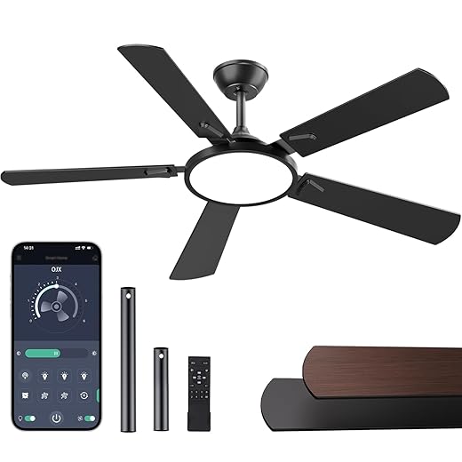 OJX Ceiling Fans with Lights, 52 inch Ceiling fan with Light and Remote/APP Control, 3CCT, Quiet DC Reversible, Dimmable, Modern Ceiling Fan for Bedroom, Living Room, Kitchen, Indoor/Outdoor Use
