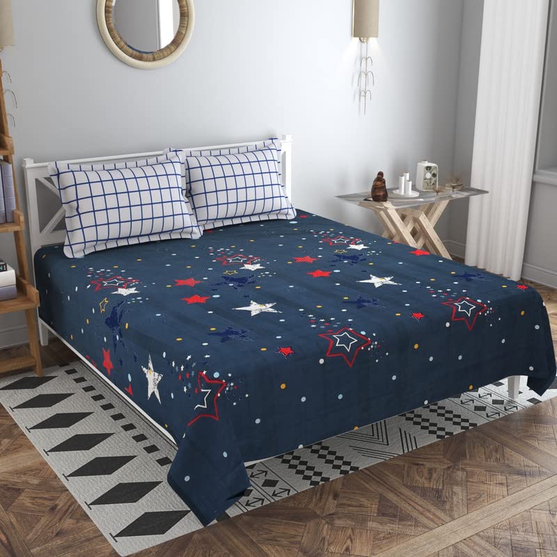 BSB HOME Kingston Collection Ultra King Size Bedsheets with 2 King Pillow Covers|Luxury Soft Sheets, Breathable, Shrinkage (Pack of 3 Piece Set)|108x108 inches or 274x274 cm, Dark Blue & White, Cotton