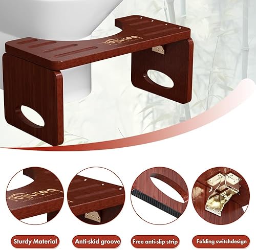 Vista 3 de Beinilai Taburete de inodoro plegable para adultos, taburete de 7 pulgadas para baño, orinal de bambú para adultos con tira antideslizante (marrón)