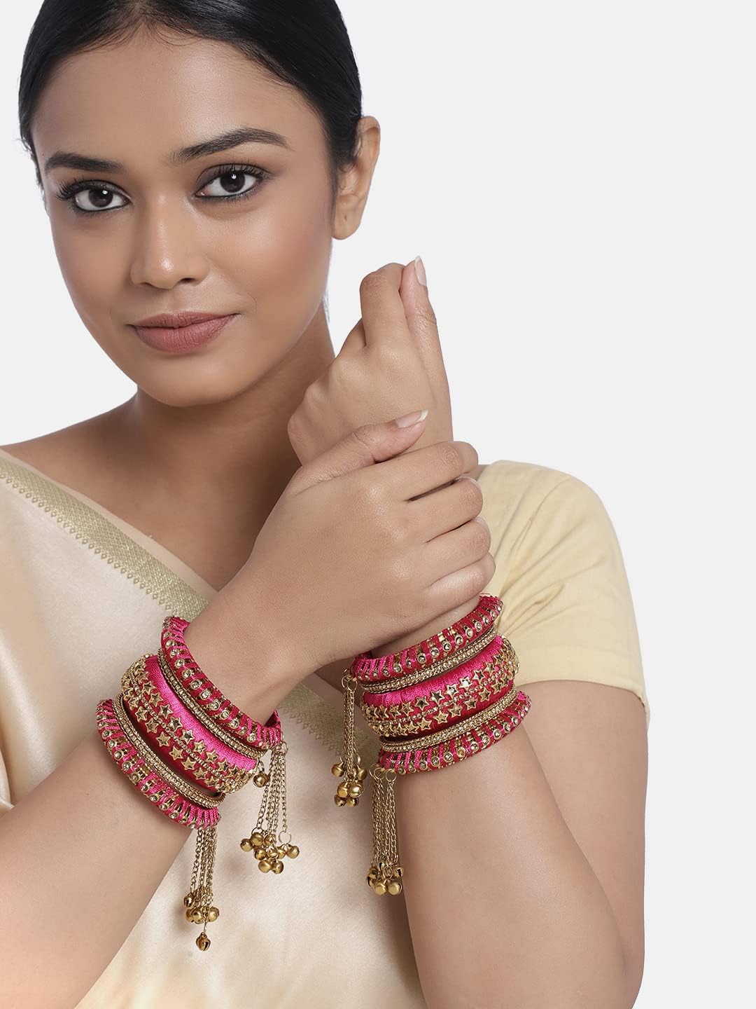 Aheli Wedding Designer Velvet Faux Stone Studded Bridal Bangle Set Traditional Chuda with Hanging Tassel Indian Fashion Party Jewelry Gift for Women Bangle Size 2.6"