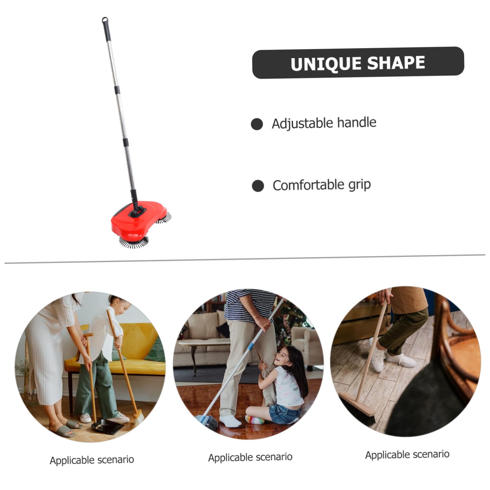 Handgeführte 3-in-1 Bodenkehrmaschine mit Besen und Kehrschaufel aus Abs und Edelstahl für Marmor und Holzböden 360° Drehung und Verstellbarer Griff für Einfache Reinigung