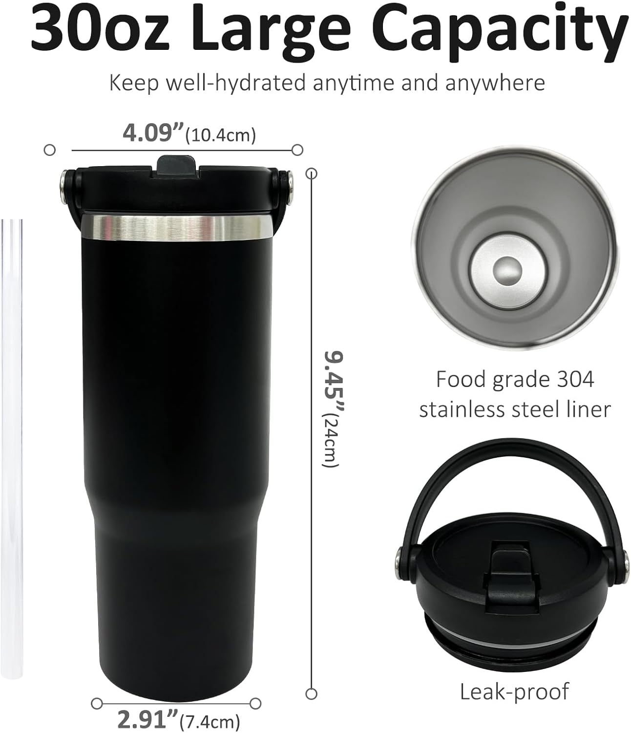 30 oz Tumbler with Top Handle, Double Wall Vacuum Insulated Tumbler with Flip Straw, Travel Coffee Mug 30oz Powder Coated Cup for Laser Engraving (Black,1 pack) - Image 2