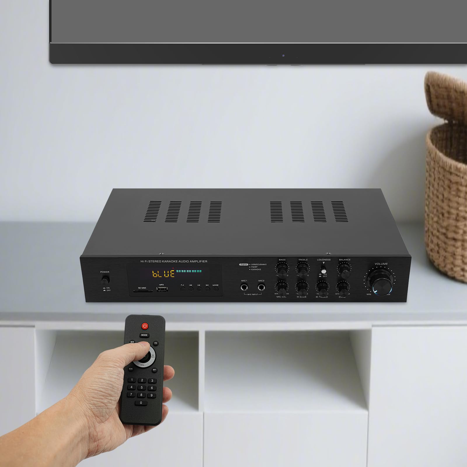 Amplificador Bluetooth de 600 W, amplificador de audio con 2 entradas de micrófono, radio SD/USB/AUX/FM, factor de distorsión armónica del 0,05%, receptor estéreo HiFi para karaoke y entretenimiento