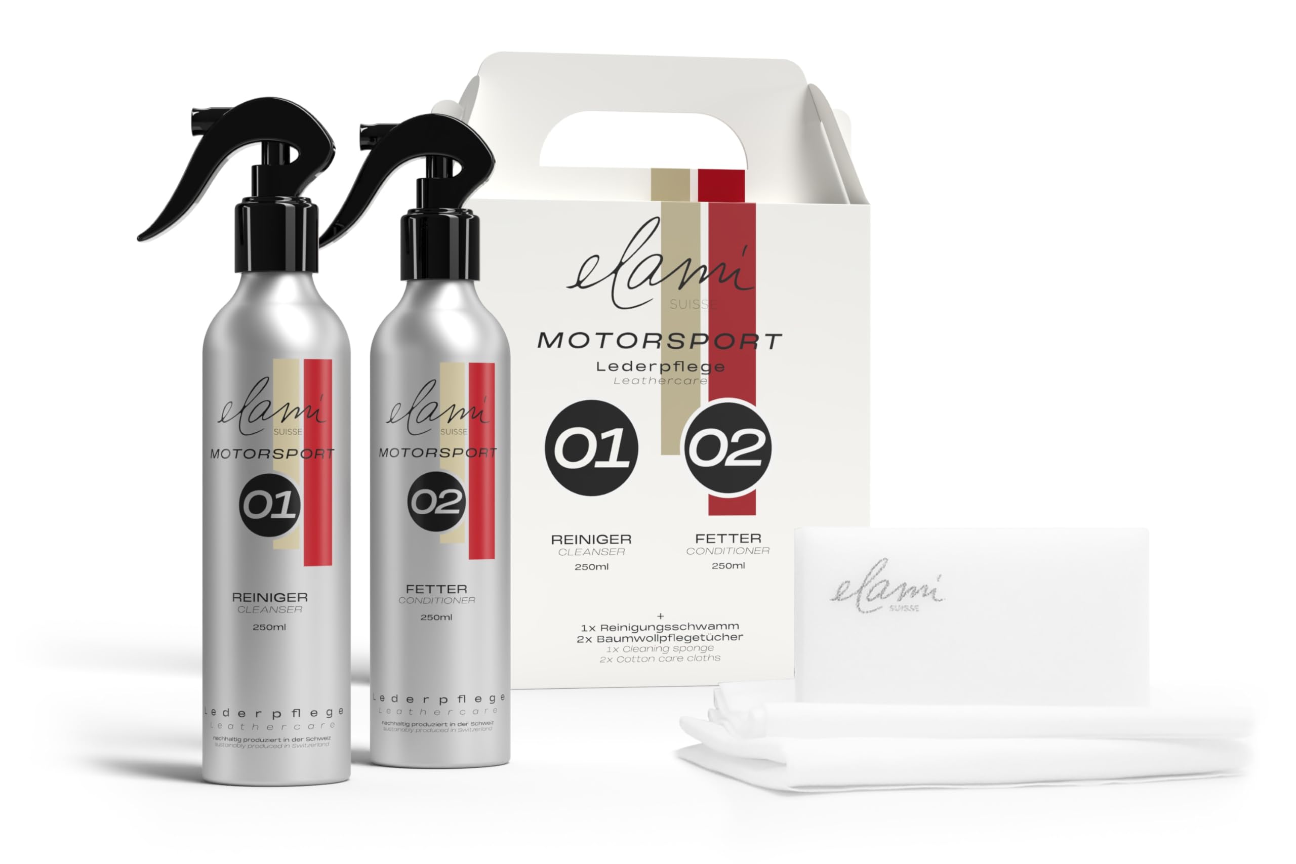 Motorsport Lederpflegeset Auto – Lederreiniger & Lederfett Set (2X 250 ml) für Autoleder, Autositze, Motorrad & Boot, Leder reinigen pflegen & schützen, inkl. Schwamm & Tücher, aus der Schweiz