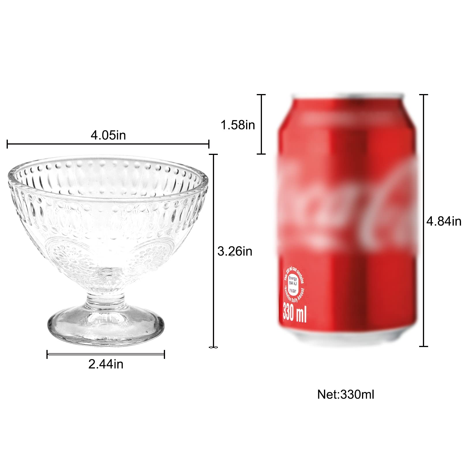 KOWLOON 6 Pack Glass Ice Cream Bowl Set 7.44 OZ Clear Footed Dessert