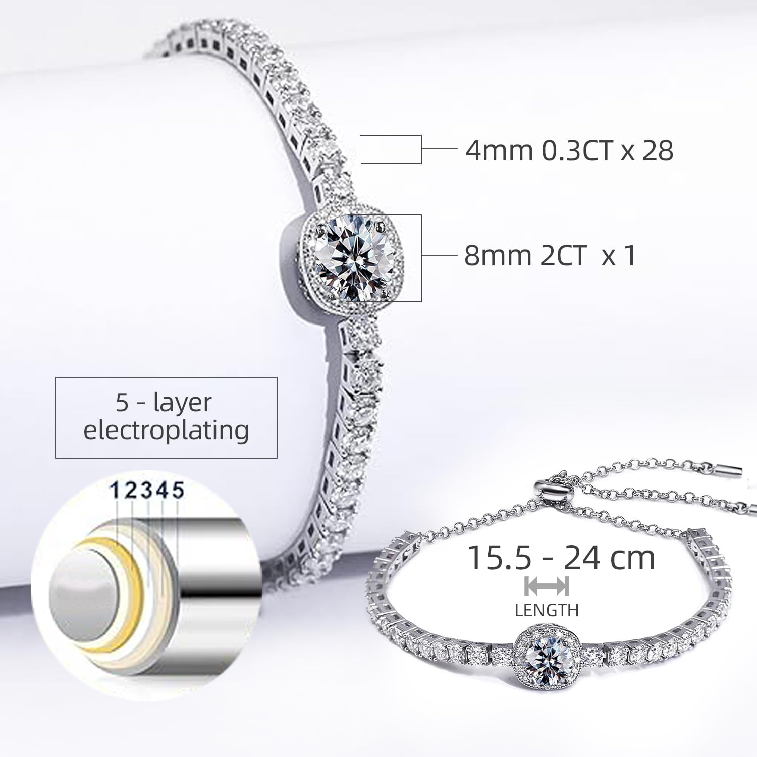 Bracciale tennis in moissanite, 2CT diamanti in moissanite coltivati in laboratorio da 8mm, placcato in rodio, bracciale regolabile da donna in argento e platino, alla moda, regalo di gioielli.