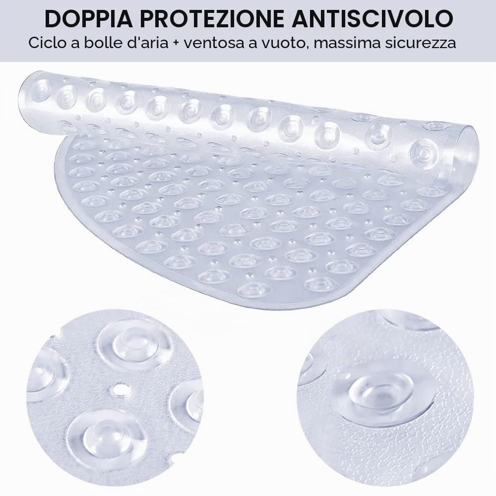 Tappetino da doccia angolare in gomma, antiscivolo, antibatterico, con ventose, per doccia o vasca da bagno, 54 x 54 cm, bianco trasparente