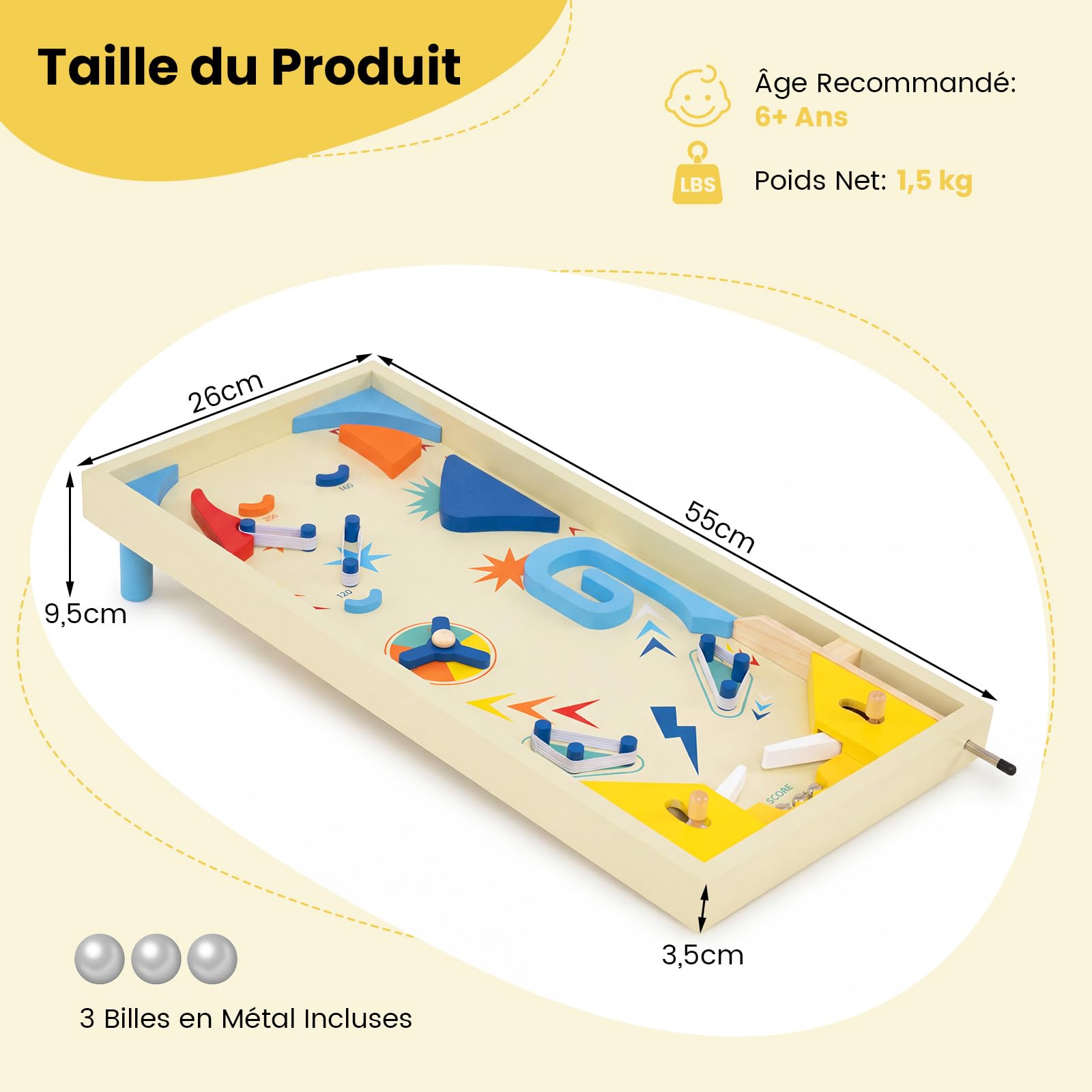 COSTWAY Flipper en Bois Enfant avec 3 Billes Métalliques, Jeux de Société Éducatif avec Lanceur à Ressort et 2 Pieds Détachables, Mécanismes Interactifs, Jeu d'Adresse pour 6 Ans+