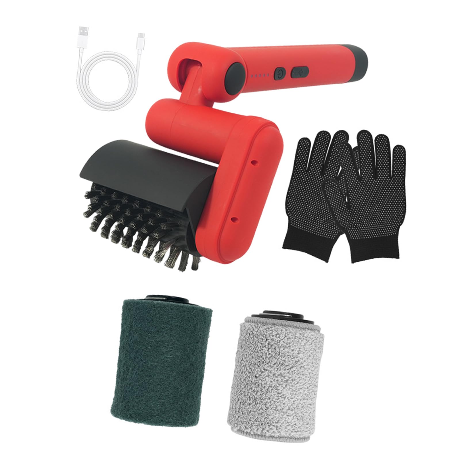 Grill Grate Brush with Rechargeable Electric Handle, Foldable 60 Degree Head, Wire and Roller Attachments for BBQ, Griddle and Cooktop Care Powered Scrubber Grill Grate Cleaner Foldable Brush Head Usb