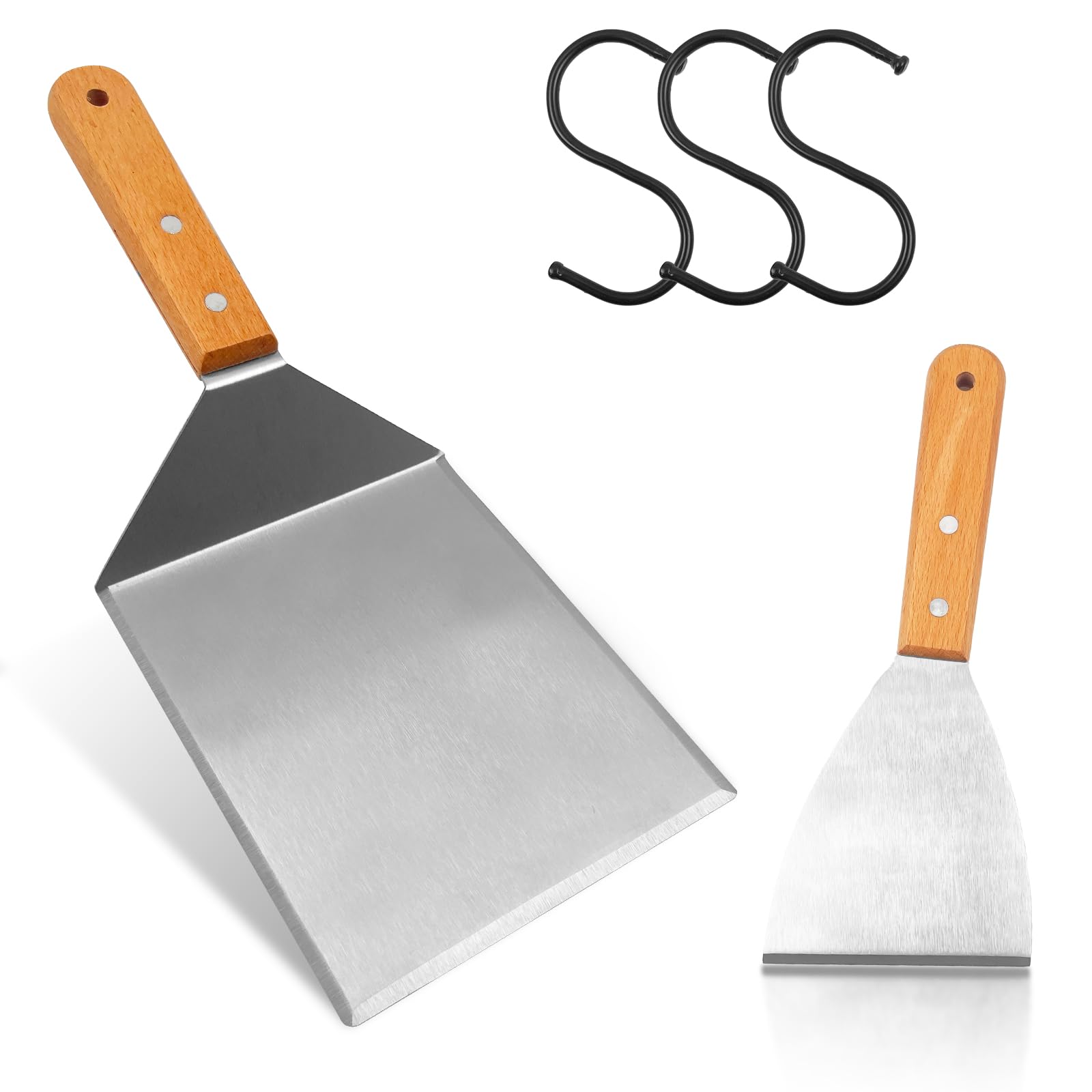 Set de Spatules pour Barbecue en Acier Inoxydable et Bois, Spatules Barbecue avec Crochets, Grande Spatule pour Smash Burger, et Presse à Burger, Idéal pour Plancha et Teppanyaki