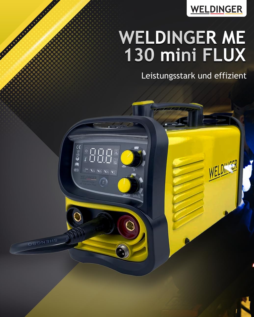 WELDINGER ME 130 mini Flux Fülldrahtschweißgerät + 1 kg Fülldraht + Fülldraht-Gasdüse + Stromdüsen MMA Lift-WIG abnehmbares Schlauchpaket 5 Jahre Garantie