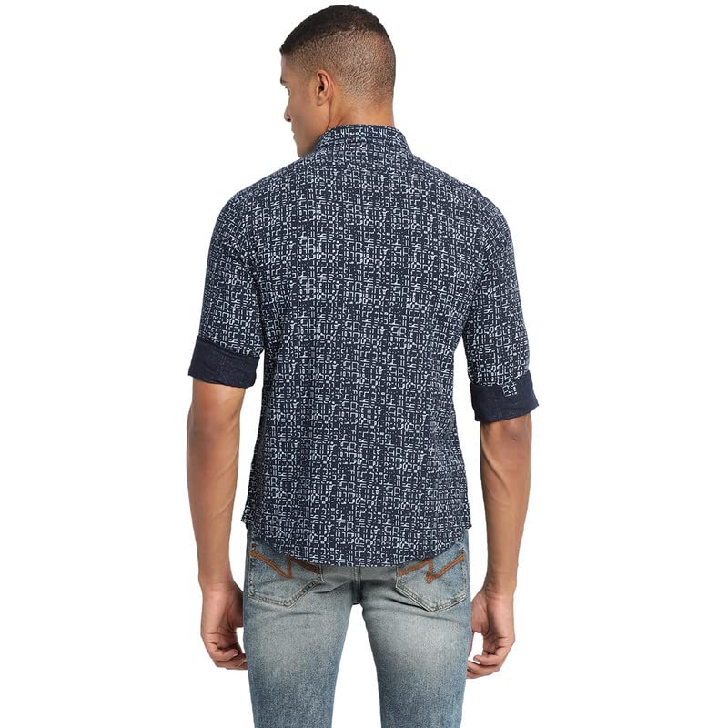 Image of Turtle Men Navy Blue Khadi Printed Slim Fit Casual Shirts