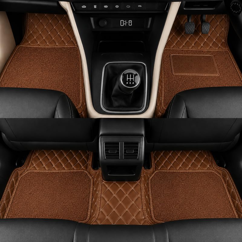 Image of Premium 7D car mat Full Set for Toyota Fortuner (Model : 2012-2016) Luxury Leather Double Car Floor Mat Complete Set || 100% Waterproof and Washable Color : Coffee
