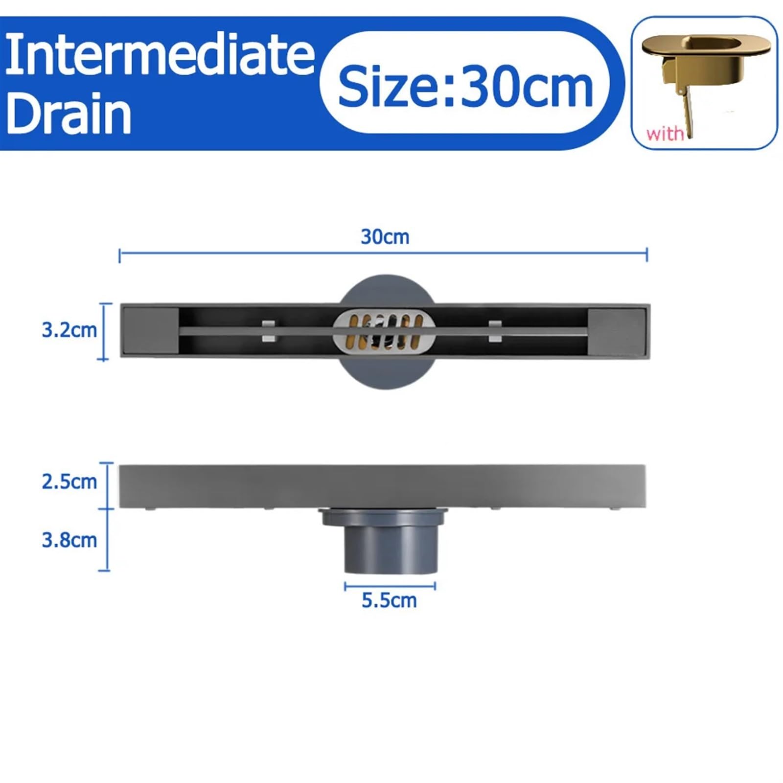 Desagüe de Ducha Lineal de Acero Inoxidable 304 Cepillado para baño Estrecho con Tira de Drenaje Larga y Gruesa, desagües Laterales de 40 cm (Gris 30 cm)