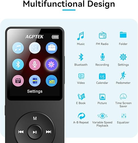 Miniatura 3 de Reproductor MP3 AGPTEK A02 con Bluetooth 5.3, reproductor de música portátil con pantalla de 1.8 pulgadas, bocina, radio FM, grabadora de voz