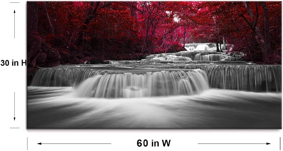 LeeWallArt Waterfall Living Room, Lee Red Wood on Black and White Water, Waterfall & Leaf Nature Landscape Outdoor Canvas Prints Picture, Forest Paintings Decor (Waterproof Artwork, 30x60)