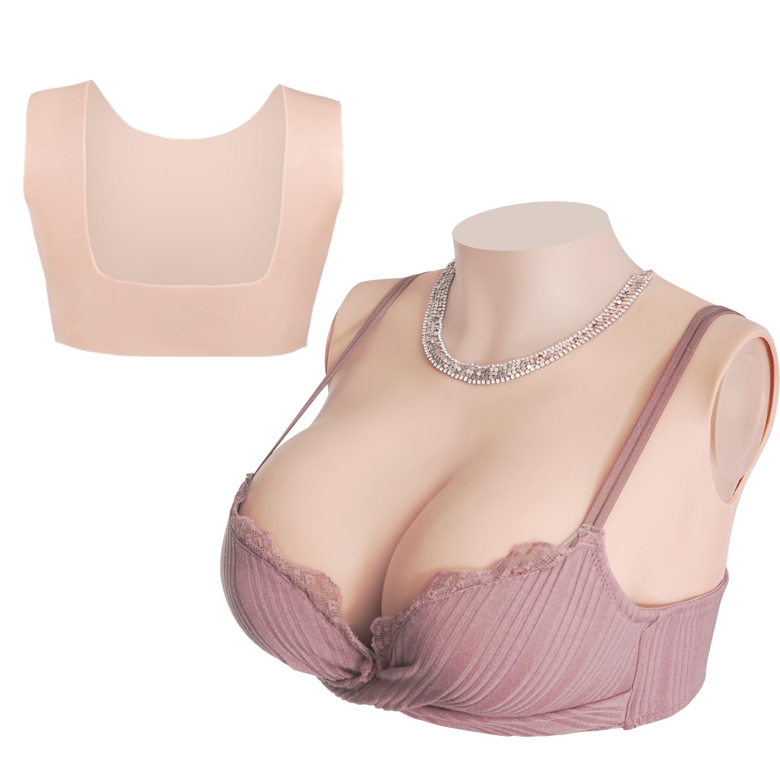 KUMIHO シリコンバスト ロアネック バックレス 丸い襟 軽量版 夏向き 人工乳房 コスプレ 女装 偽胸 偽乳 女装バスト 女性になる 仮装 変装 真綿充填 Dカップ 自然色