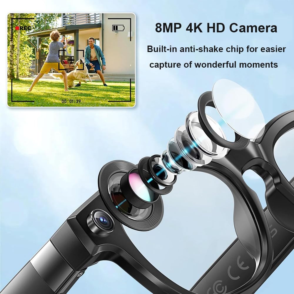 Lunettes Intelligentes IA,Caméra HD 4k,Balayage Et Toucher,Puce Anti-Tremblement Intégrée,Connexion Bluetooth Wi-FI,Changement De Couleur,Conception Stéréo À Deux Canaux,pour Les Voyages