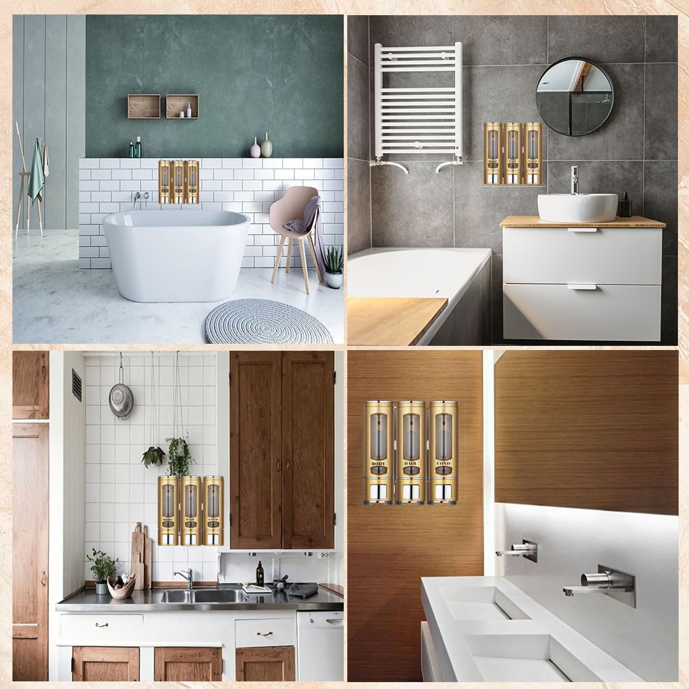 3-in-1 Shower soap Dispenser, Shampoo and Conditioner Dispenser Modern Bathroom Shower Bottles Set for Shampoo Conditioner Body Wash (Gold)