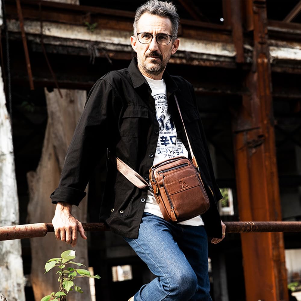 pundarika Borsello Uomo in Vera Pelle - Tracolla Crossbody e Borsa Messenger Marrone con Tracolla Regolabile