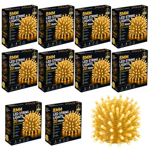 Image of Gesto 20 Meter LED String Lights - Warm White 8mm Big Led Fairy Lights for Decoration | 360 Glow Waterproof Copper Wire Lights for Home Decor Balcony Outdoor Christmas & Diwali Decoration- Pack of 10