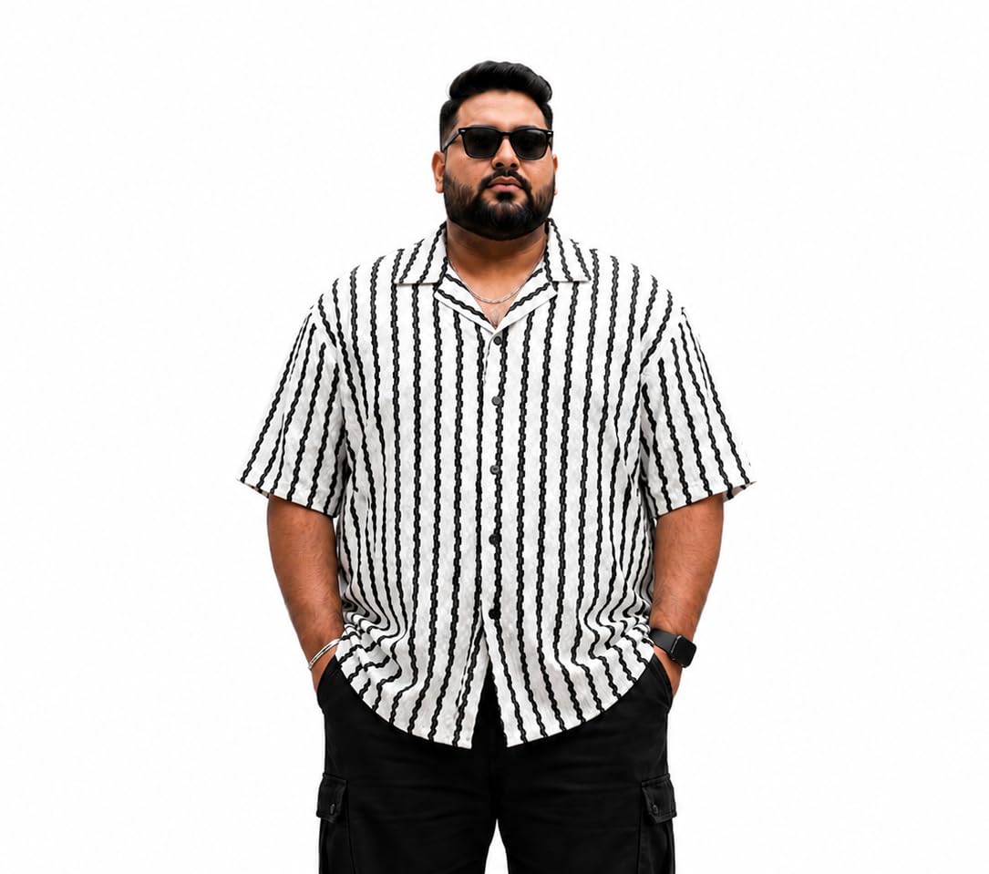 Men's Striped Shirt, Black and White, Short Sleeve, Plus Size, Modern Fit, Breathable Fabric-picture-33