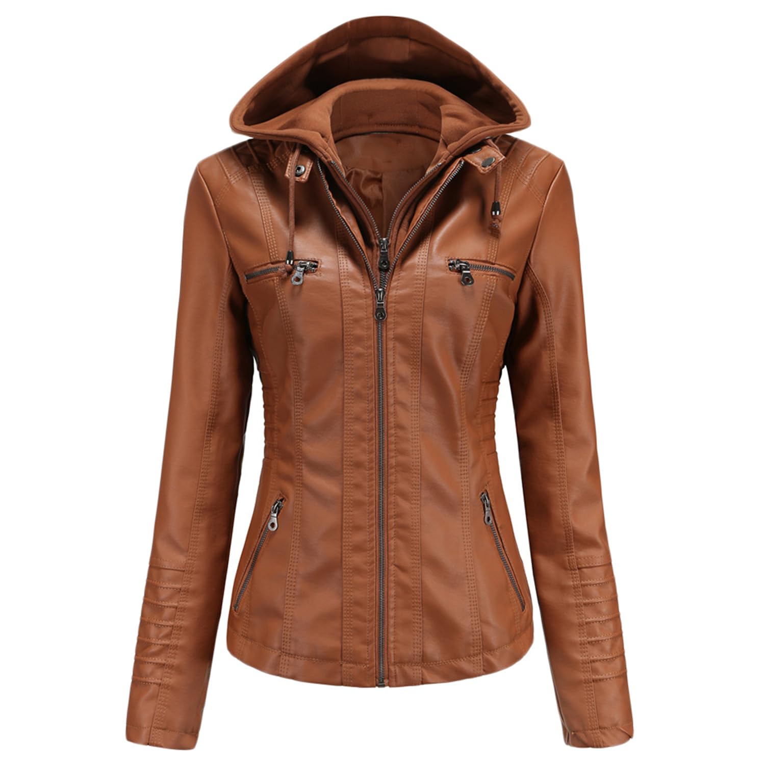 Générique Manteau matelassé entièrement zippé avec capuche amovible pour femmes en similicuir Casual MOTO BIKE jacket