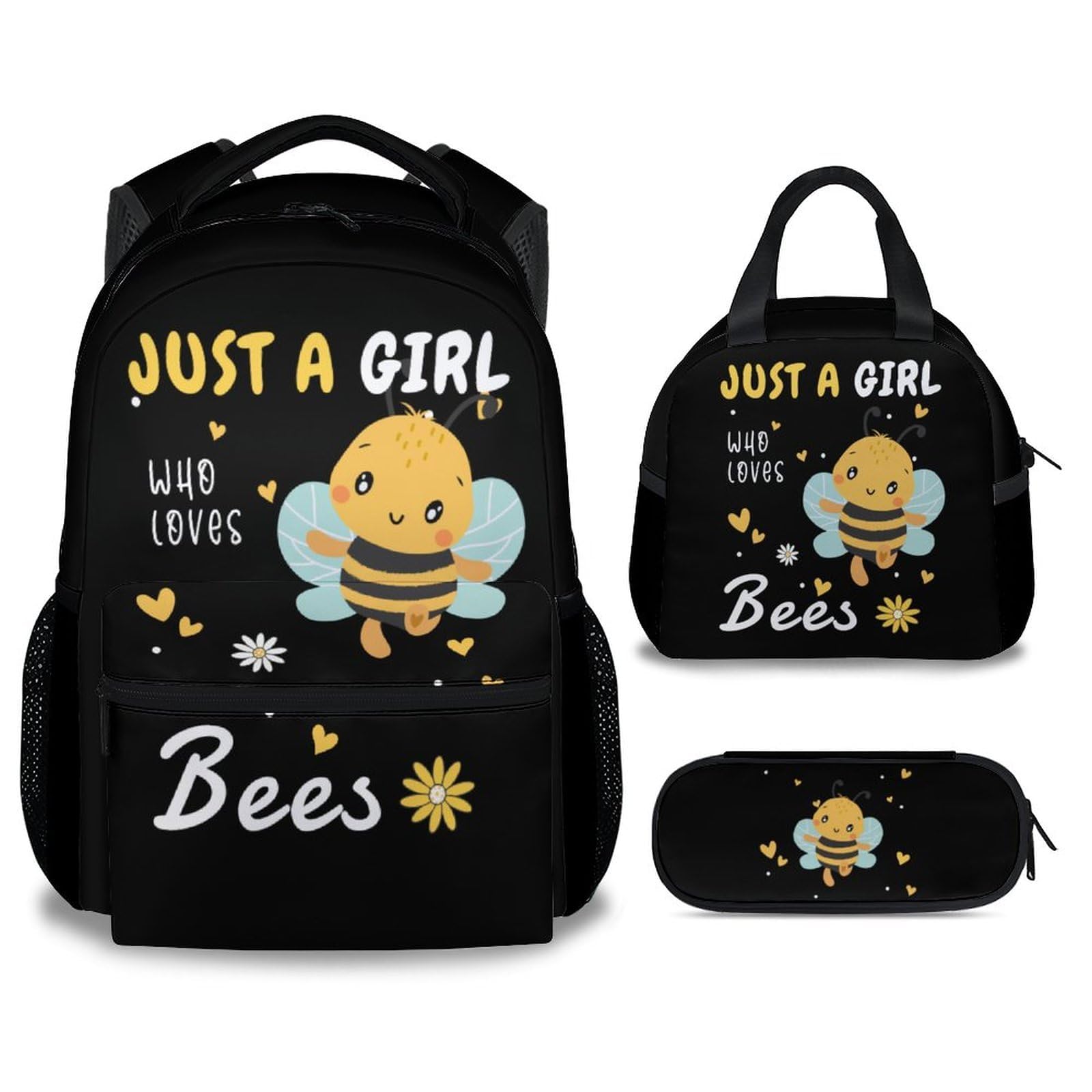 BEOIIBIRD Bee Backpack with Lunch Box and Pencil Case Set, Set of 3 Matching Kids Backpacks Combo, Cartoon Black Bookbag and Pencil Case Bundle