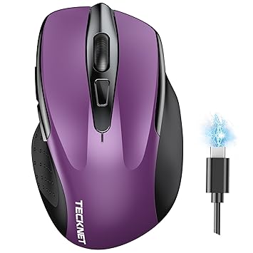 TECKNET Wireless Mouse (BT5.0/3.0 & 2.4G) Rechargeable 4800 DPI Silent Mouse 6 Buttons Bluetooth Mouse, USB A Mouse Wide Compatibility - Purple