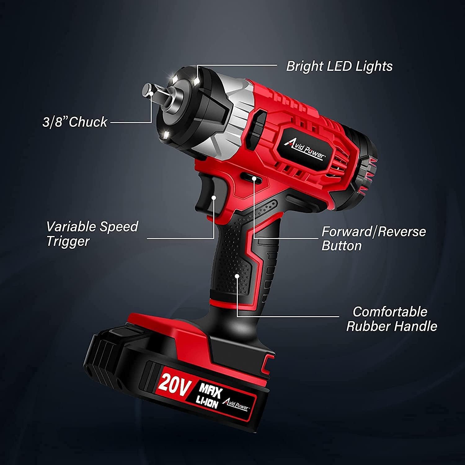 Avid Power 20V MAX Cordless Impact Wrench with 1/2” Chuck, Max Torque 185 ft-lbs, 4Pcs Driver Impact Sockets, Tool Bag and 1.5A Li-ion Battery, Avid Power MCIW326