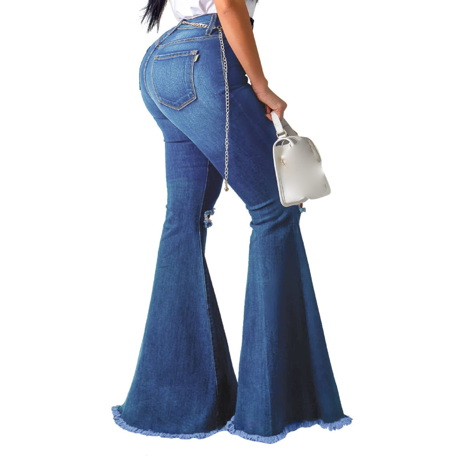 Women's Classic Ripped Flare Jeans High Waisted Bell Bottom Denim Pants Destroyed Raw Hem Wide Leg Jean Trousers (Blue,XX-Large)