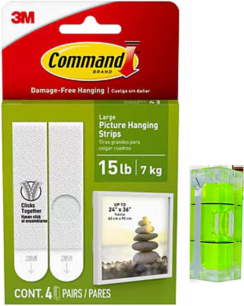 Picture Hanging Kit | 4-Pair Picture Hanging Strips Large & Leveler | Perfect for Hanging Small & Large Frames, Photos, Pictures, Posters on Walls/Drywalls | No Nail/Hook Damage