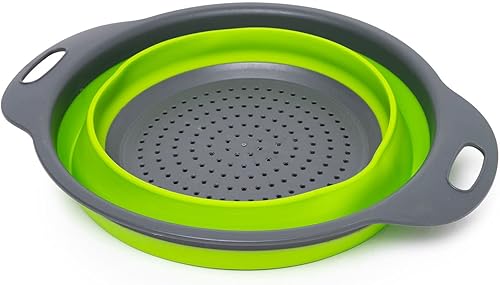 Miniatura 3 de Juego de 2 coladores plegables de silicona, de grado alimenticio, perfecto para drenar pasta, verduras y frutas (verde)