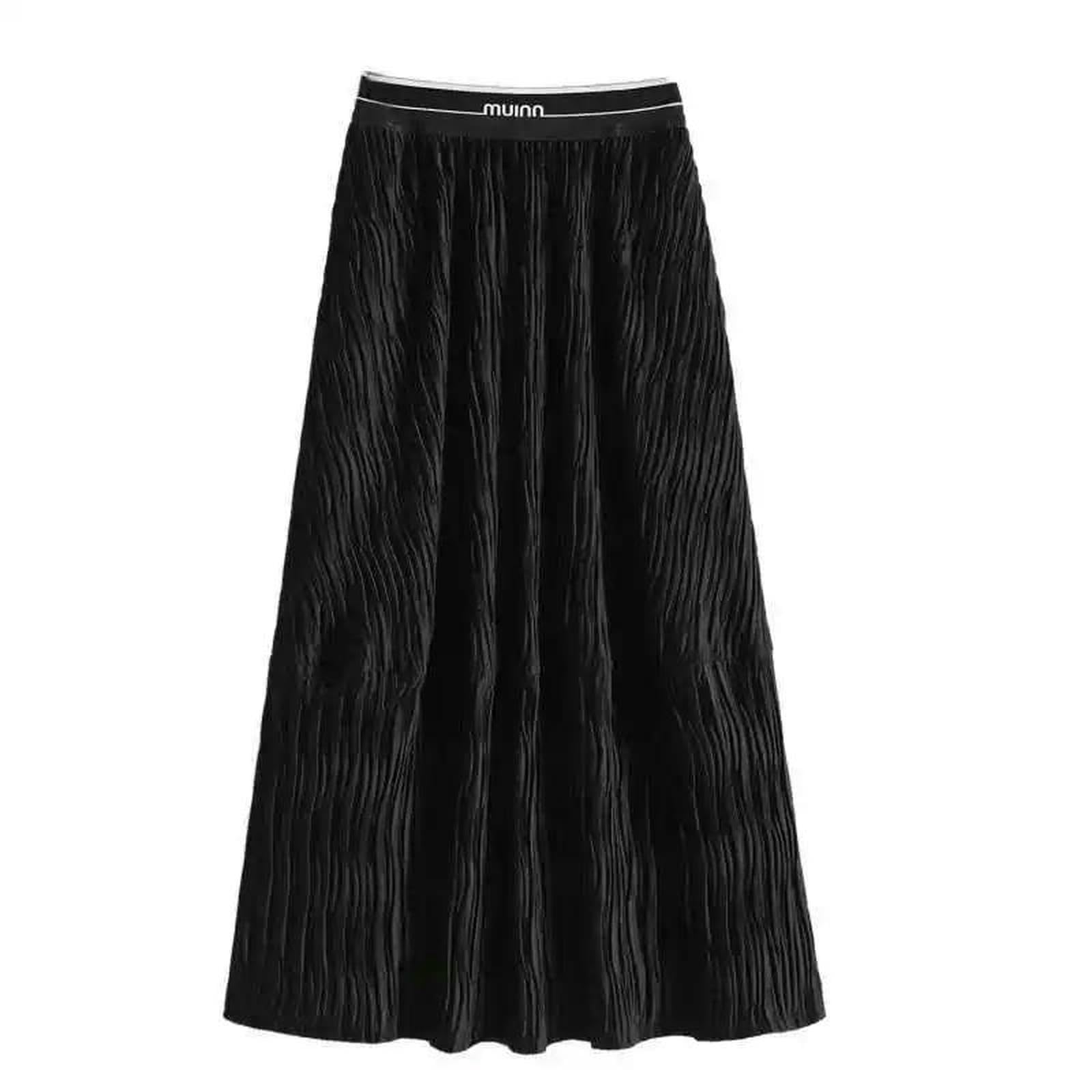 Gonna Lunga Plus Size da Donna in Velluto Dorato A Vita Alta Addensata Longuette Linea Elegante Stile Pendolare Mid Autumn F -Nero-XL