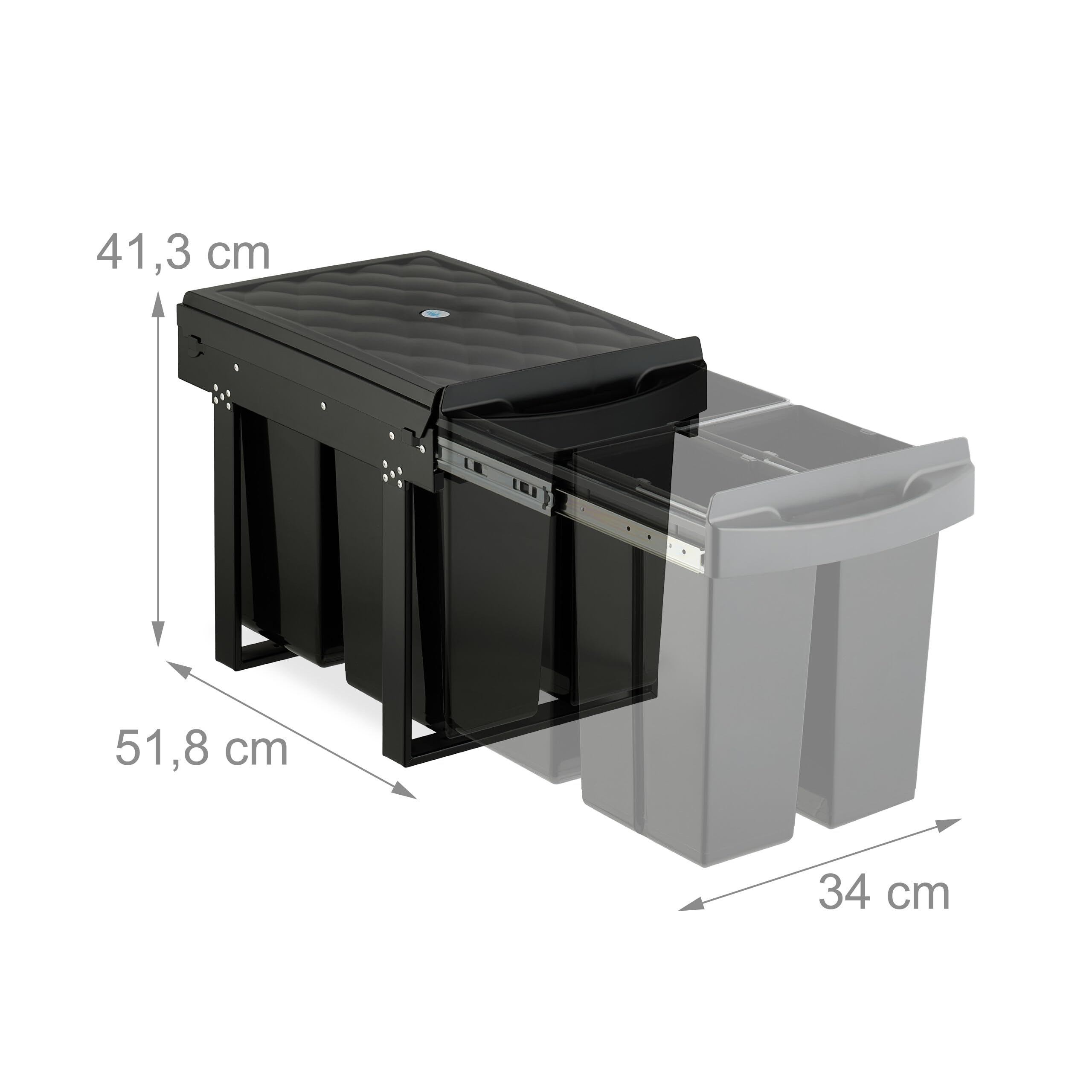 Relaxdays Einbaumülleimer, 3 Fächer, 20l, 2x 10l, HBT: 41,3 x 34 x 51,8 cm, ausziehbar, Müllsystem Unterschrank, schwarz
